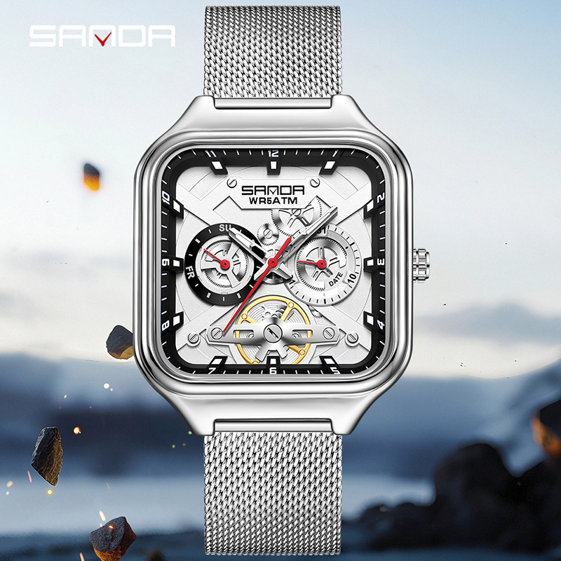 ساعة يد رجالية SANDA 9085، ساع - مراجعة Stainless Mesh Band وسعره