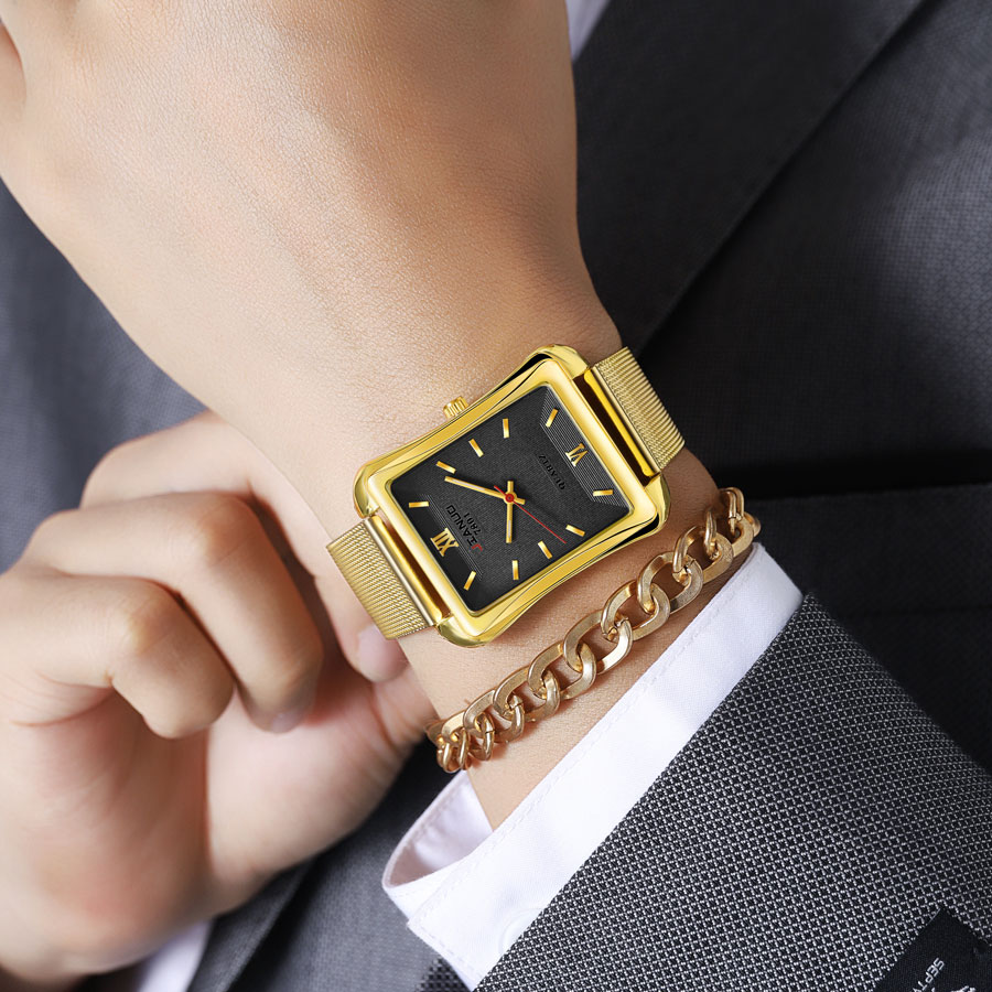ساعة كوارتز مربعة للرجال ، قرص - مراجعة Stainless Mesh Band وسعره